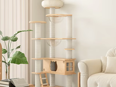 Multi Level Wooden Cat Tree With Scratching Posts And Cozy Condo For Home Living Room 3d model