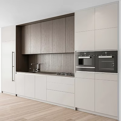 Modern Kitchen Interior Featuring Wooden And Light Colored Cabinets With Oven Stove Sink Appliances 3d model