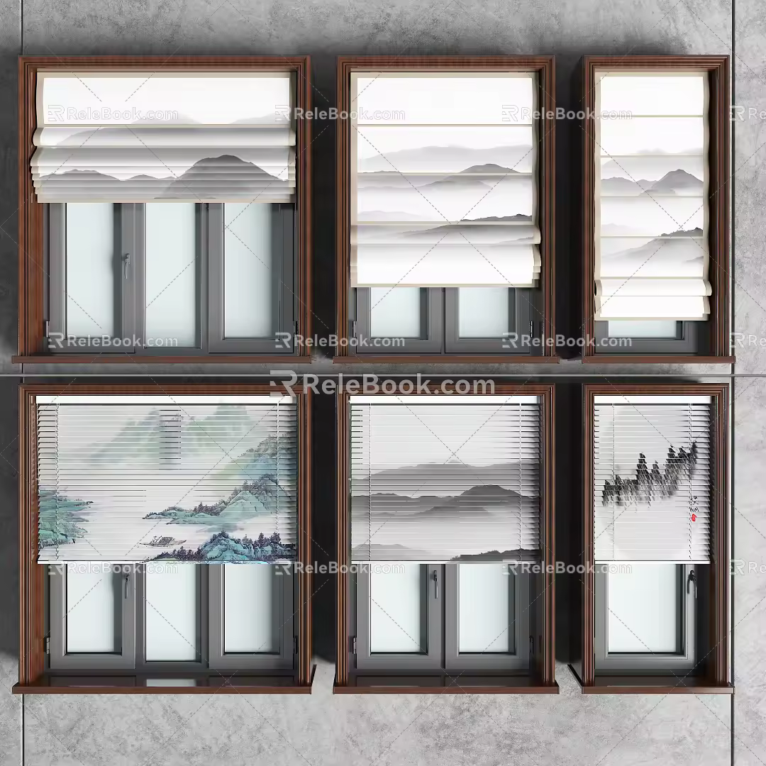 New Chinese-style Roman Curtain Wooden Blinds Combination 3d model