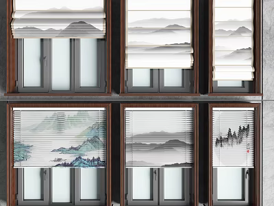 New Chinese-style Roman Curtain Wooden Blinds Combination 3d model