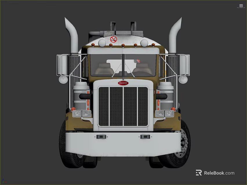 Semi Truck Detailed Front View Featuring Tall Exhaust Pipes Classic Grille And Brown White Cab 3d model 