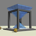 Modern Landscape Pavilion With Blue Glass Canopy Black Frame And Yellow Spherical Ornaments