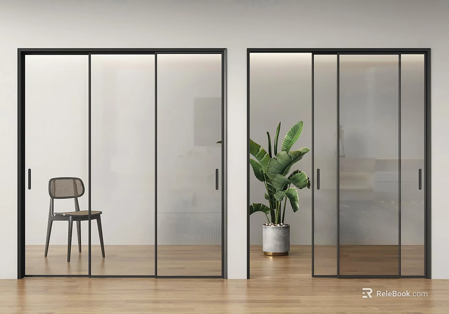 Modern Interior Featuring Black Frame Glass Sliding Doors And Wooden Floor 3d model 