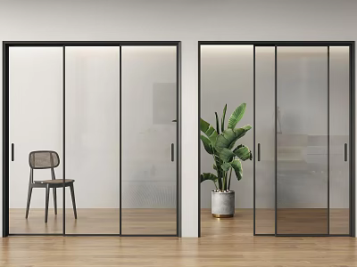 Modern Interior Featuring Black Frame Glass Sliding Doors And Wooden Floor 3d model