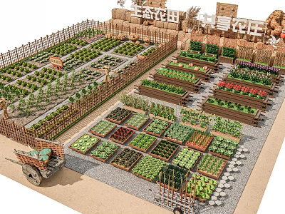 Rural Landscape Featuring Ecological Farmland Shared Farm And Vegetable Plots With Wooden Fences And Wheelbarrow 3d model