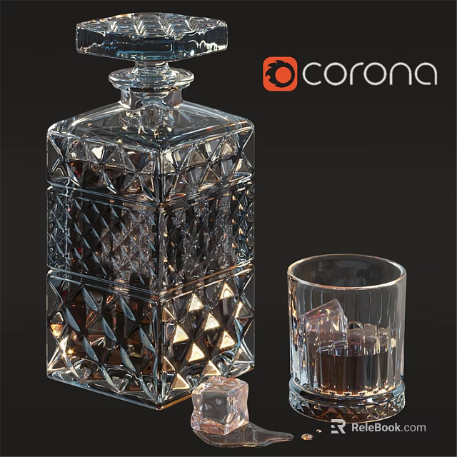 Corona Diamond Cut Crystal Decanter With Glass Ice Cubes On Black Surface 3d model 