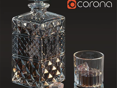 Corona Diamond Cut Crystal Decanter With Glass Ice Cubes On Black Surface 3d model