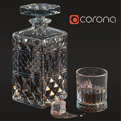Corona Diamond Cut Crystal Decanter With Glass Ice Cubes On Black Surface 3d model