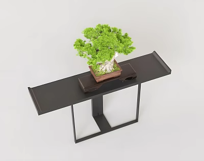 Green Bonsai Tree Planted On Wooden Tray Over Black Long Table 3d model