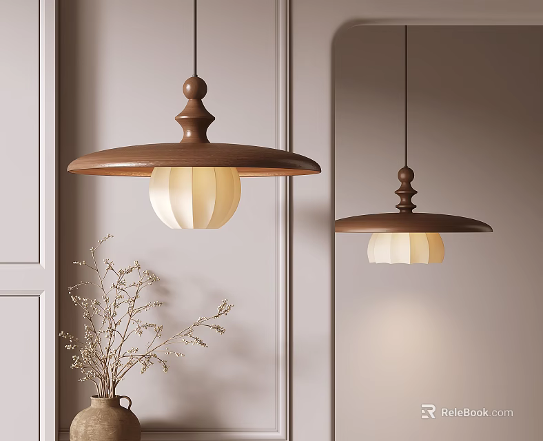 Wooden Pendant Light With White Lampshade In Modern Interior Featuring Mirror And Dried Flowers 3d model 