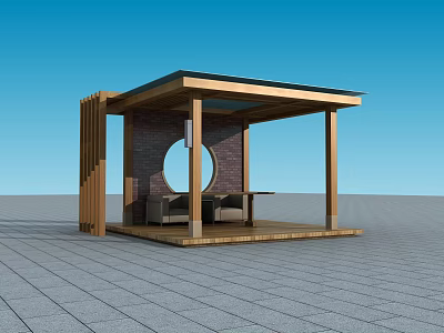 Outdoor Wooden Pavilion With Circular Window Seating Table And Stone Tile Floor 3d model
