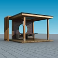Outdoor Wooden Pavilion With Circular Window Seating Table And Stone Tile Floor