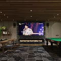 Modern Clubhouse Interior With Wooden Ceiling Green Plants Billiard Table Sofa And Dining Chairs