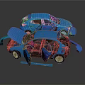 Blue Car With Open Doors Engine Hood Showcasing Internal Structure And Components 3d model