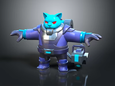 Blue Cat Character In Purple Armor With Red Eyes And Mechanical Device 3d model