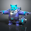 Blue Cat Character In Purple Armor With Red Eyes And Mechanical Device