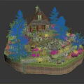 Wooden House Model with Garden Surrounded by Trees Flowers Small Stream and Outdoor Seating