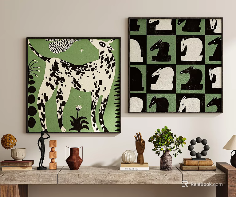 Abstract Paintings With Green Background Featuring Dalmatian Dog And Grid Pattern Animal Heads 3d model 