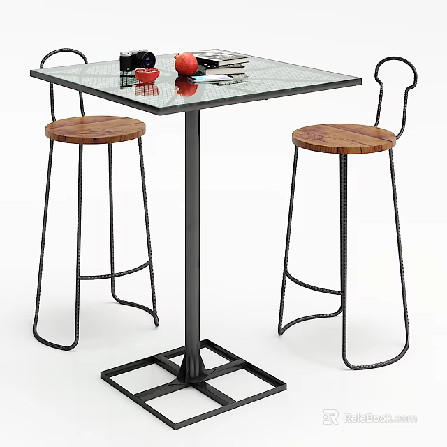 Square Glass Top Dining Table Set With Black Metal Frame And Wooden Bar Stools 3d model 