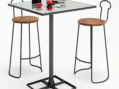Square Glass Top Dining Table Set With Black Metal Frame And Wooden Bar Stools 3d model
