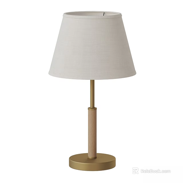 Modern Minimalist Table Lamp With Wooden Pole And Golden Metal Stand And Cream Fabric Shade 3d model 