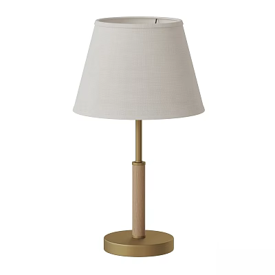Modern Minimalist Table Lamp With Wooden Pole And Golden Metal Stand And Cream Fabric Shade 3d model