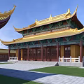 Ancient Chinese Architectural Structure With Golden Yellow Roof And Upturned Eaves In Water Pond Courtyard
