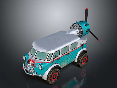 Vintage Toy Car With Turquoise Silver Exterior Roof Propeller And Red Rimmed Tires 3d model