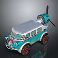 Vintage Toy Car With Turquoise Silver Exterior Roof Propeller And Red Rimmed Tires