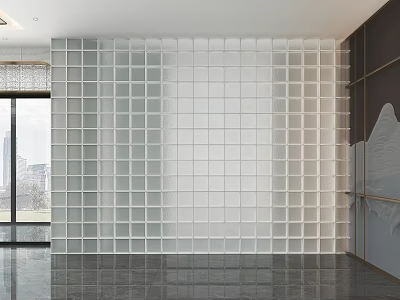 Modern White Glass Block Grid Wall Design In Bright Interior Living Space 3d model