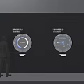 DP Device System Control Panel With Two Circular Dashboards Human Figure Silhouette And Black Wall
