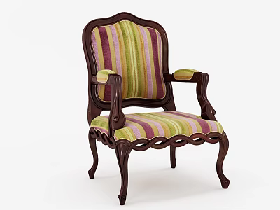 Classical Style Dining Chair With Dark Wooden Frame Carved Design And Colorful Striped Fabric 3d model