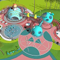 Outdoor Children's Playground With Blue Cartoon Structures Slides Palm Trees Pink Ground And Green Lawn