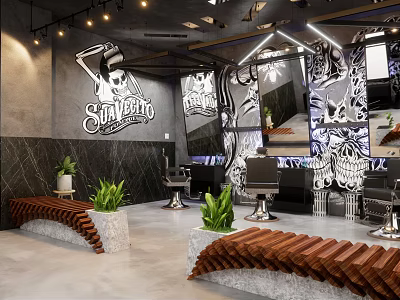 Modern Artistic Hair Salon Interior With Skull Motifs Barber Tools And Green Plants 3d model