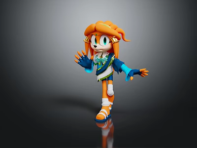 Colorful 3D Character Model With Orange Hair Blue Eyes And Blue White Outfit 3d model