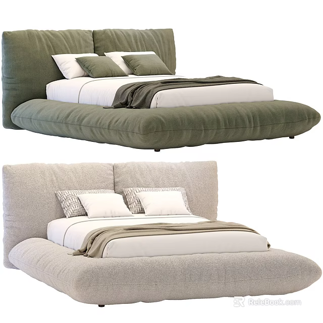 Modern Upholstered Double Bed with Green Light Gray Headboard Mattress Pillows and Blanket 3d model 
