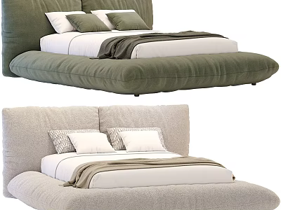 Modern Upholstered Double Bed with Green Light Gray Headboard Mattress Pillows and Blanket 3d model