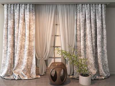 Elegant Floral Pattern Curtains With Sheer Layers And Potted Plant In Bright Living Space 3d model