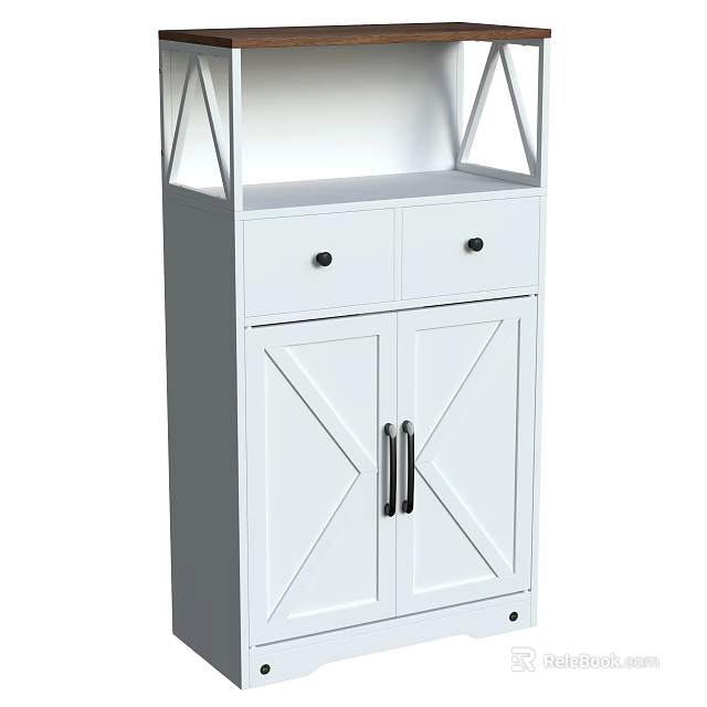 White Modern Storage Cabinet With Top Shelf Double Doors Drawers And Metal Handles 3d model 