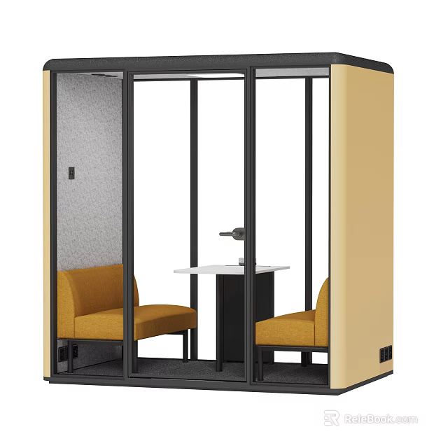 Public Office Workspace Modern Soundproof Booth With Orange Sofas And Small Table 3d model