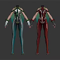 Futuristic Teal And Burgundy Fitted Costumes With Armor Like Details And Gloves