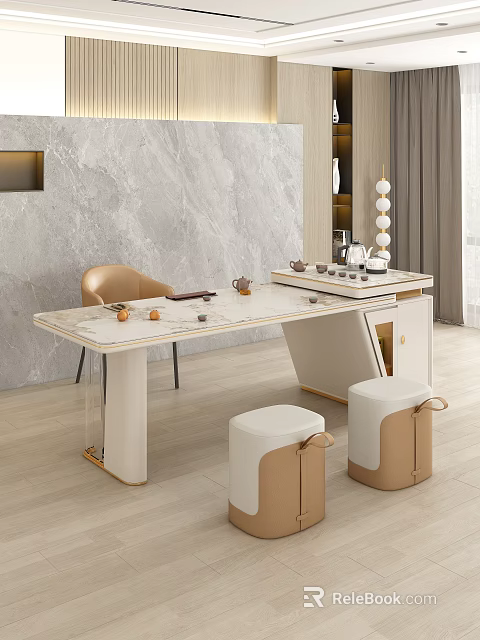 Modern Minimalist Tea Table Set With Marble Top Light Brown Chair And Stools 3d model