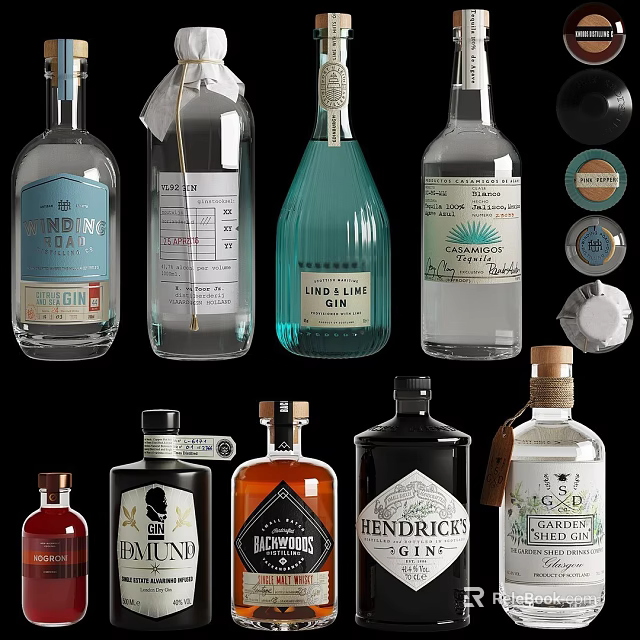 Assorted Gin Bottles and Glasses with Various Colors and Unique Designs 3d model 