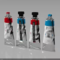 Art Color Paint Tubes With Red Blue Labels And Colorful Caps On Reflective Black Background