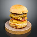 Delicious Layered Burger With Juicy Patty Bacon And Melted Cheese Served On Wooden Plate