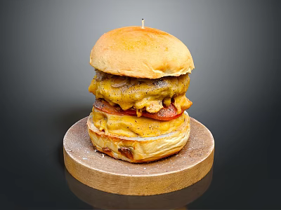 Delicious Layered Burger With Juicy Patty Bacon And Melted Cheese Served On Wooden Plate 3d model