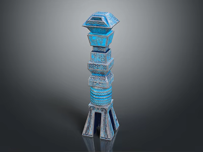 Blue Geometric Multi Layered Tower With Hollow Out Design And Decorative Details 3d model