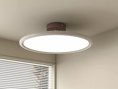 Round White Flush Mount Ceiling Light With Wooden Base Illuminating Indoor Room With Window Blinds 3d model