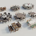 Various Dining Table Sets Including Round And Square Designs With Chairs And Tableware 3d model