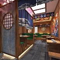 Traditional Japanese Restaurant Interior Featuring Cherry Blossom Tree Wooden Decor And Green Seats